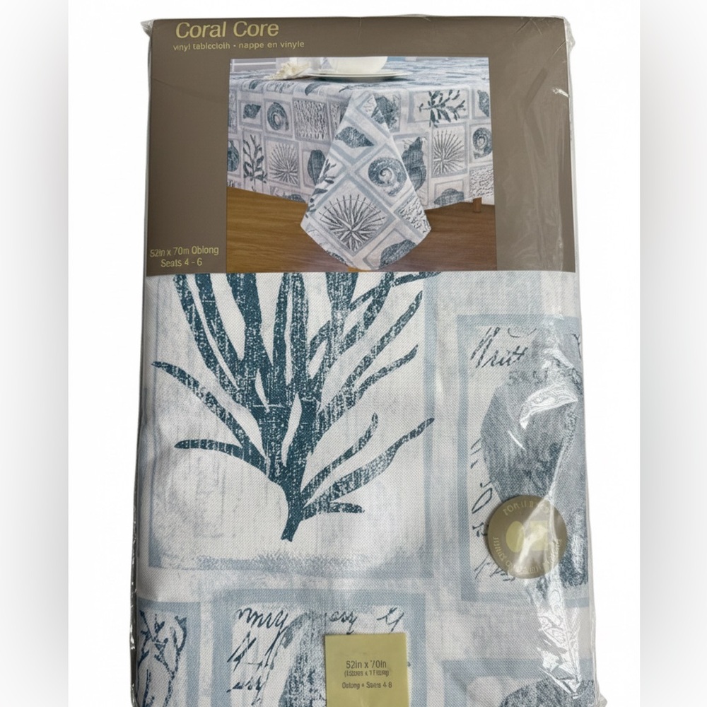 Coral Core Vinyl Tablecloth Blue & White Coastal Shell Pattern 52"x70" Oblong